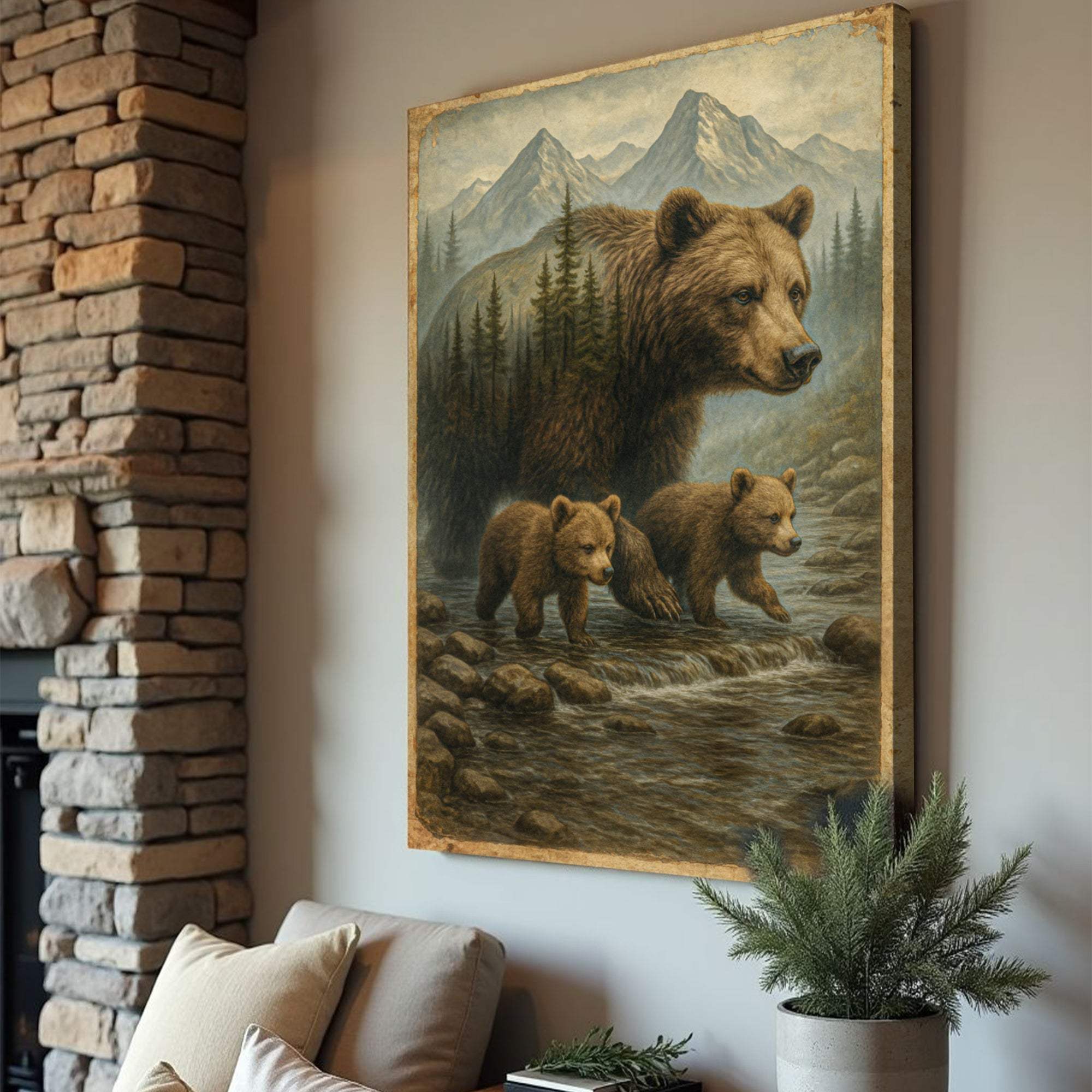 Mother Bear and Cubs Crossing Double Exposure Wall Art - Tailored Canvases - Flyclothing LLC