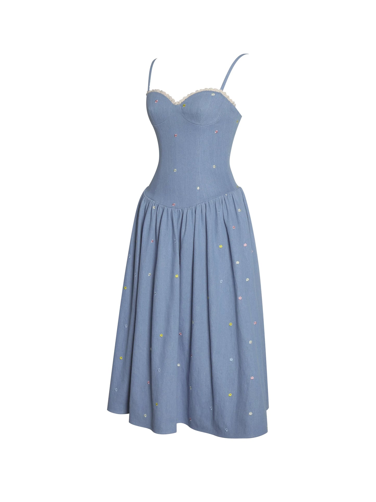 Zadie Cotton Denim Drop Waist Embroidery Flower Midi Dress - Miss Circle - Flyclothing LLC