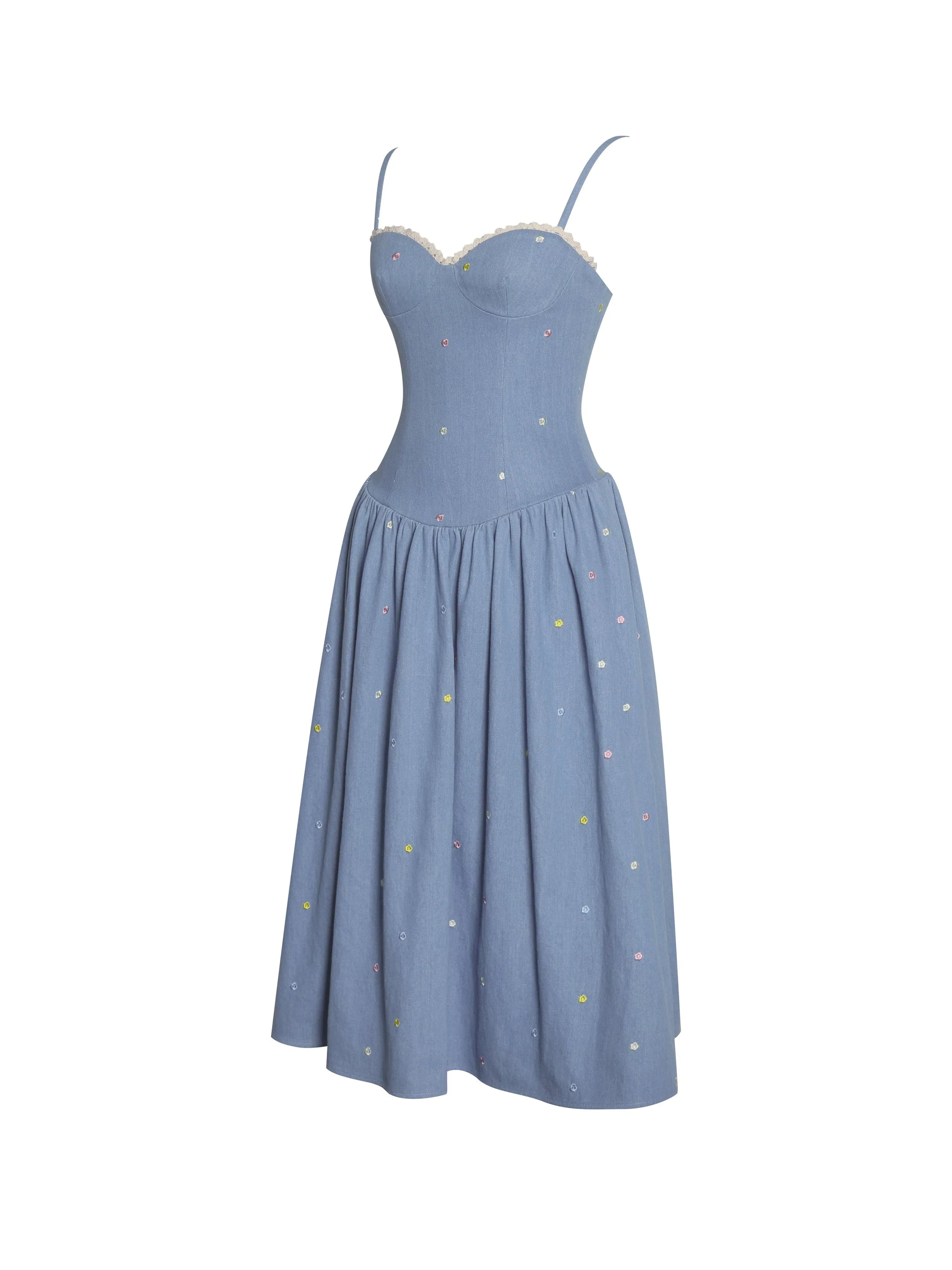 Zadie Cotton Denim Drop Waist Embroidery Flower Midi Dress - Miss Circle - Flyclothing LLC