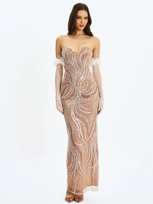 Quinci Apricot Beaded Sequin Sweetheart Maxi Dress - Miss Circle - Flyclothing LLC