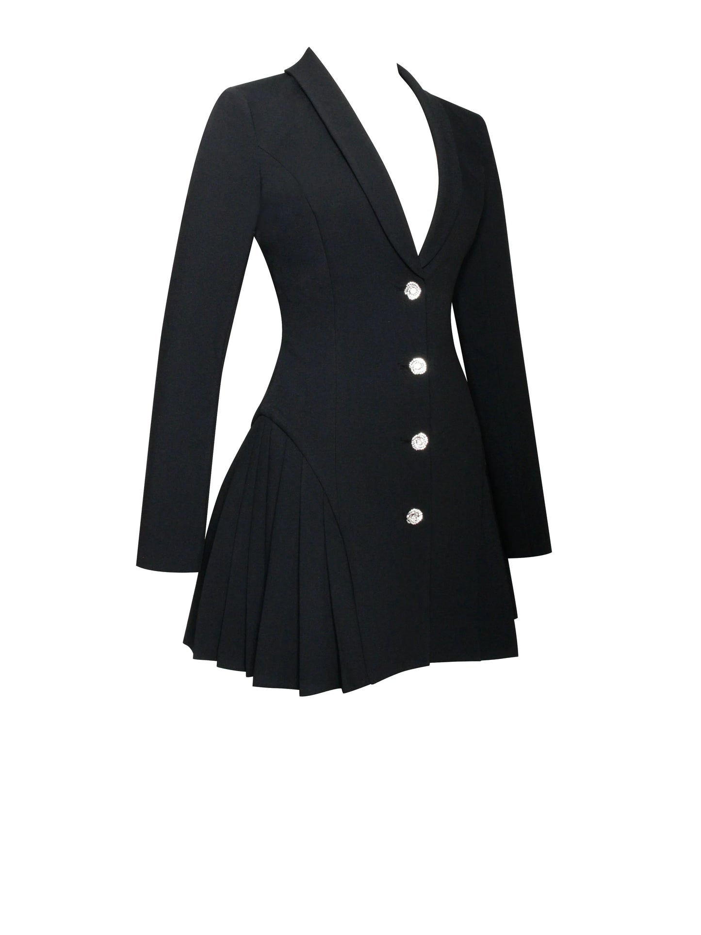 Ria Black Blazer Mini Dress with Crystal Button and Pleated Detail - Miss Circle - Flyclothing LLC