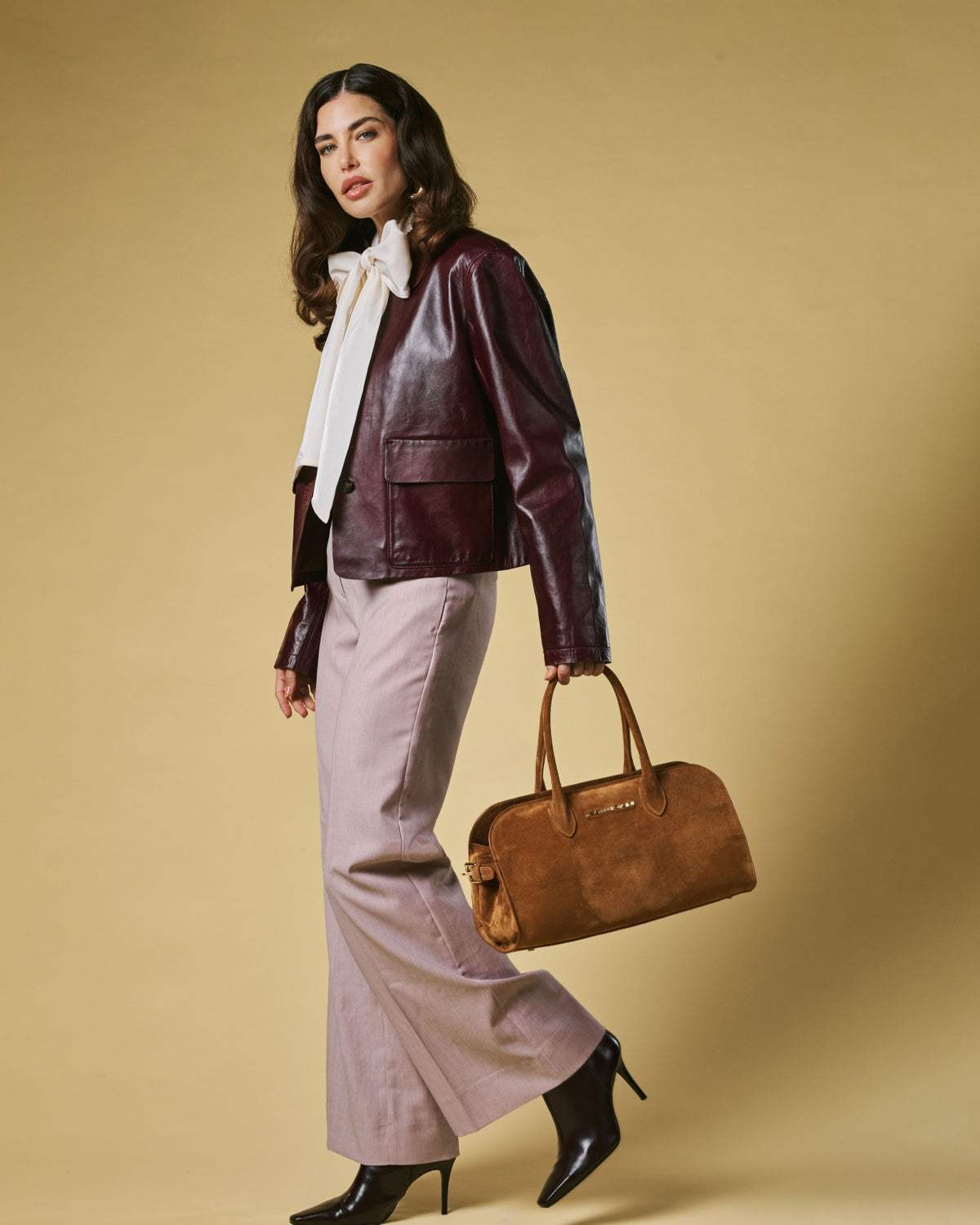 Chiara (cognac) - Italian calf suede women's handbag (with shoulder strap)