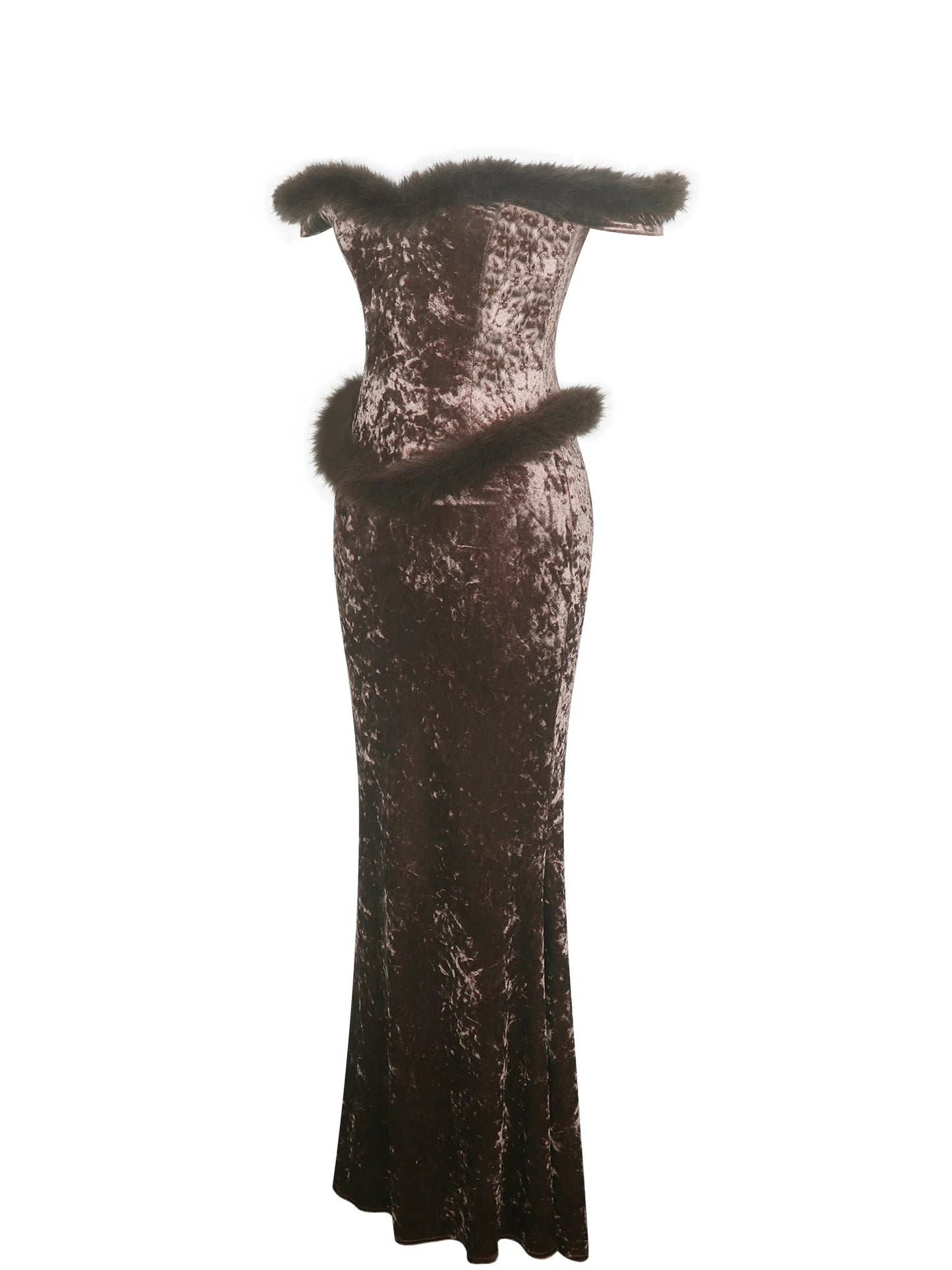 Tessa Coffee Sweetheart Bardot Faux Fur Velvet Mermaid Maxi Dress - Miss Circle - Flyclothing LLC