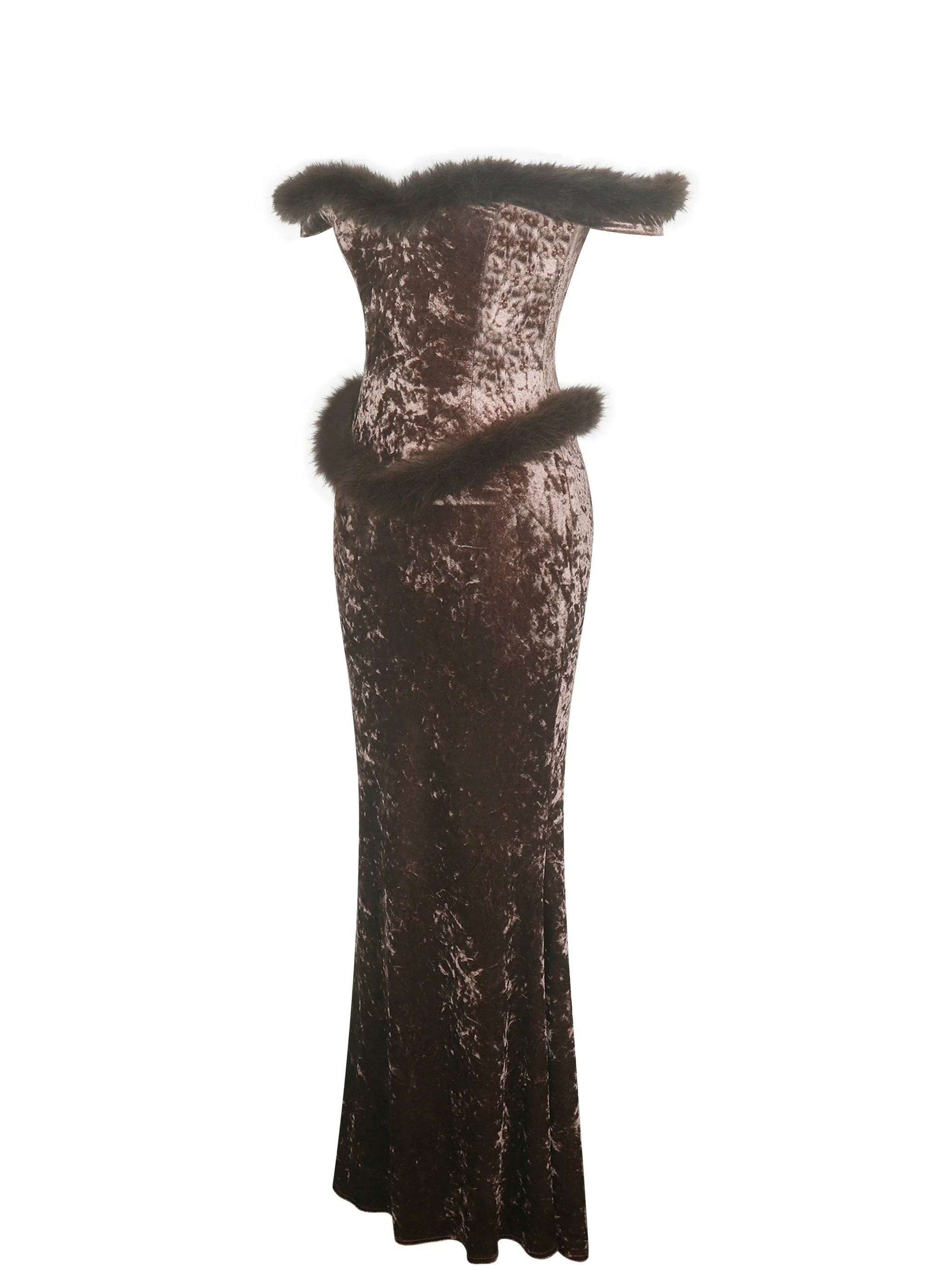 Tessa Coffee Sweetheart Bardot Faux Fur Velvet Mermaid Maxi Dress - Miss Circle - Flyclothing LLC