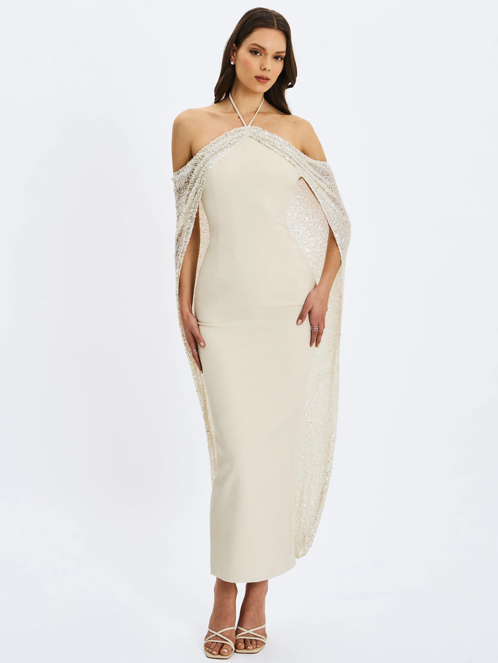 Quimera Almond Beaded Cape Halter Off-Shoulder Maxi Gown - Miss Circle - Flyclothing LLC
