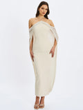 Quimera Almond Beaded Cape Halter Off-Shoulder Maxi Gown - Miss Circle - Flyclothing LLC