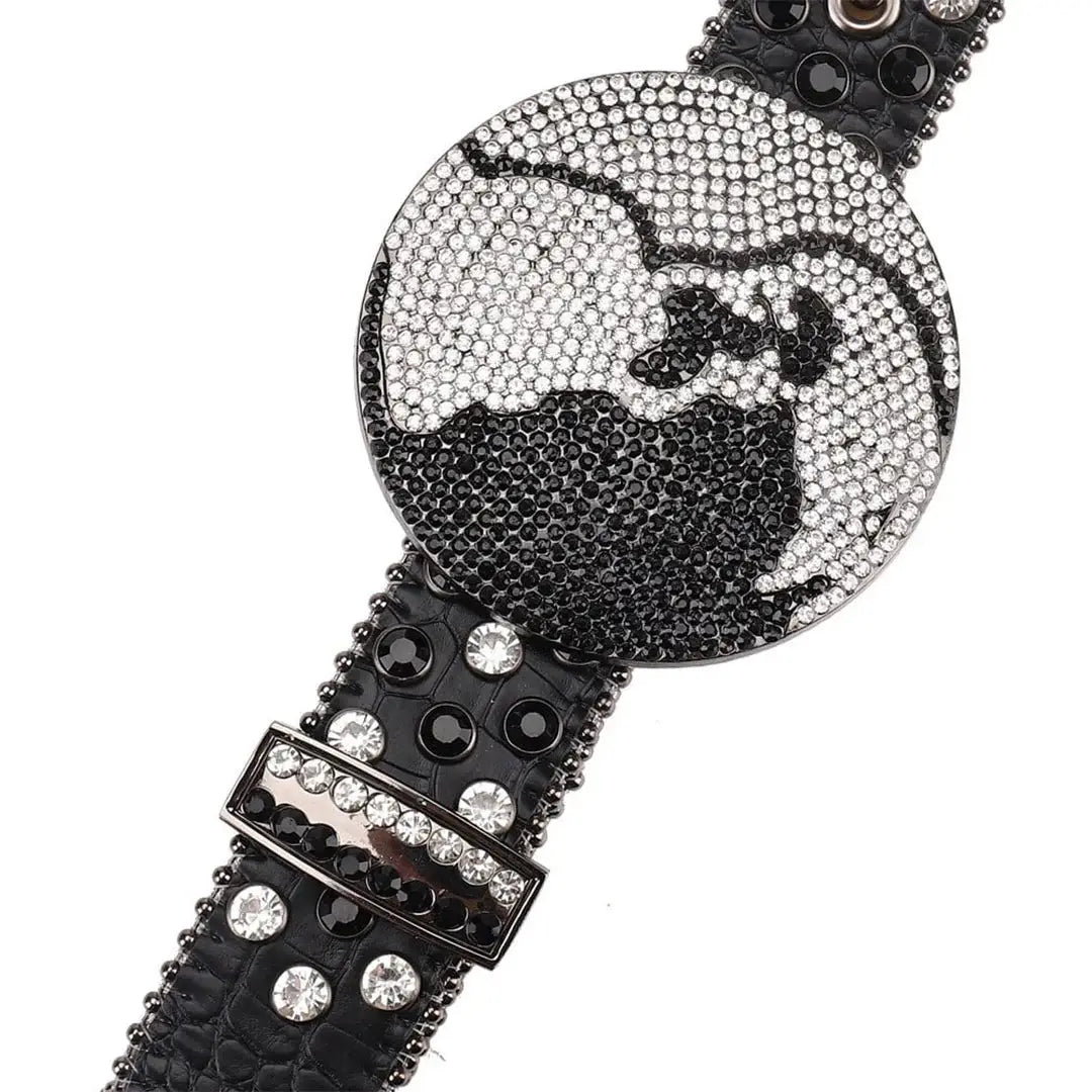 Black Strap Earth World Buckle Belt With Silver & Black Studded Rhinestone - Rhinestone Belt Store - Flyclothing LLC