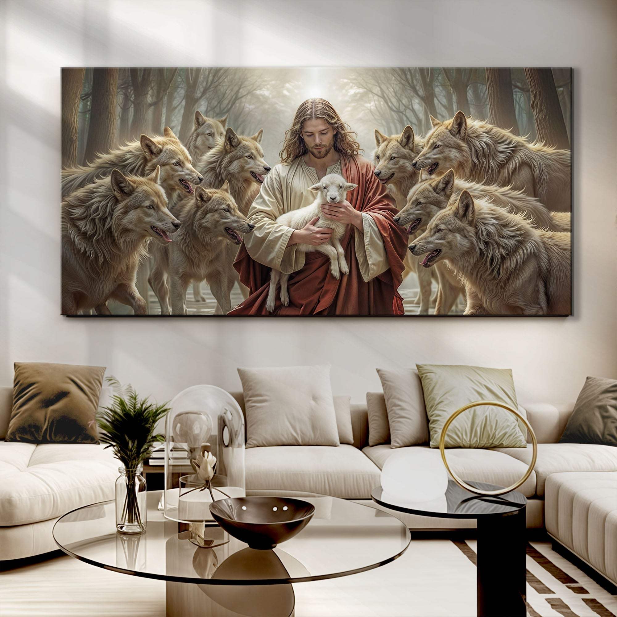 Jesus Protects The Lamb From Wolves Faith Wall Art II - Tailored Canvases - Flyclothing LLC