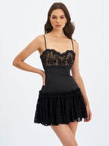 Umra Black Contrast Lace Sweetheart Gathered Mini Dress