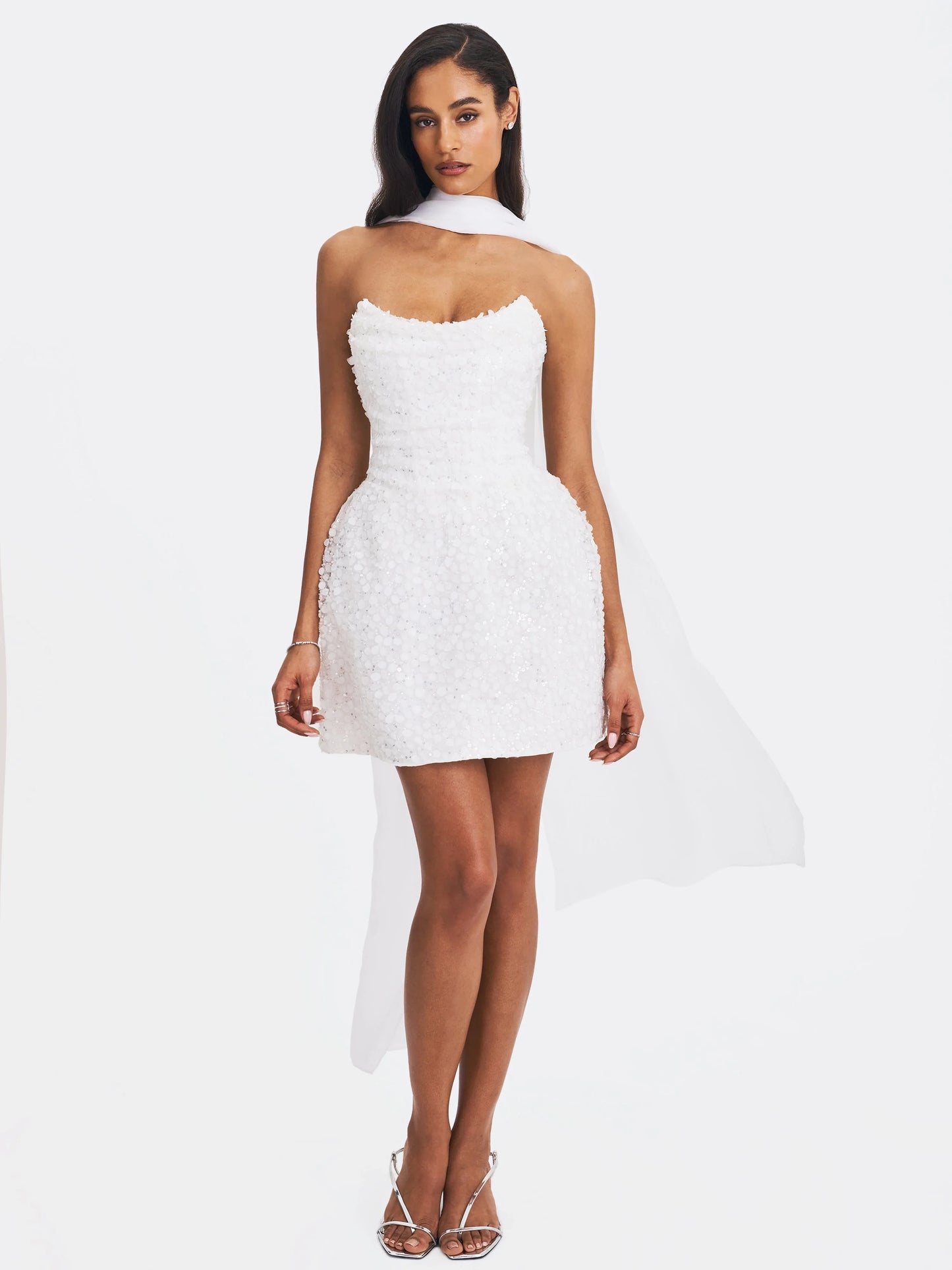 Tressa White Beaded Mesh Strapless Mini Wedding Dress - Miss Circle - Flyclothing LLC