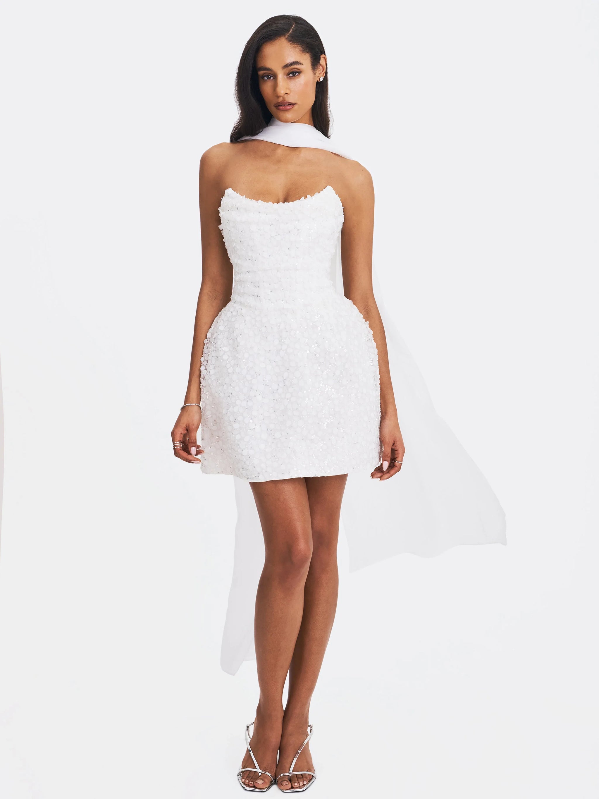 Tressa White Beaded Mesh Strapless Mini Wedding Dress - Miss Circle - Flyclothing LLC