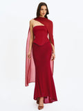 Giselle Crimson Peplum Mermaid Gown with Chiffon Scarf - Miss Circle - Flyclothing LLC
