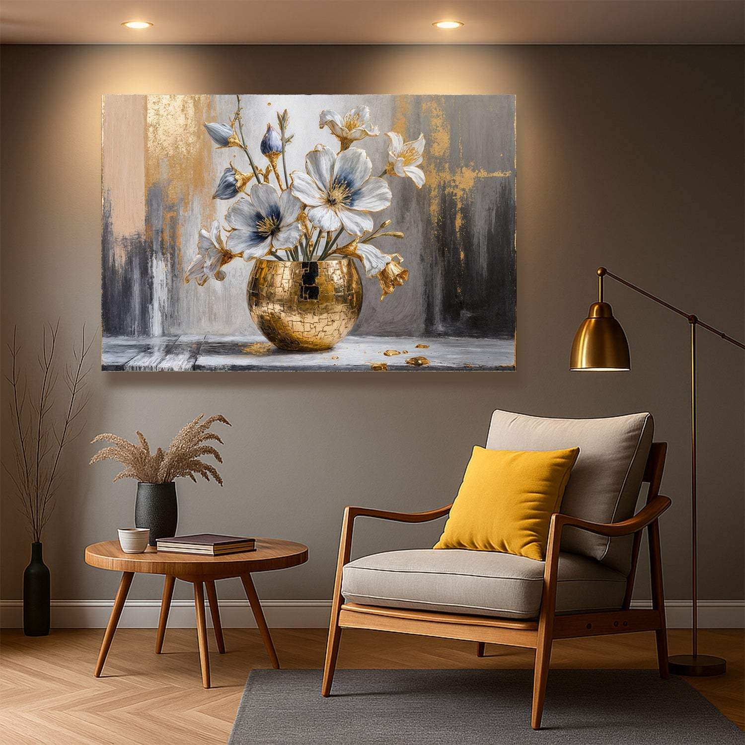 Magnolia Bloom in Gold Abstract Wall Art - Tailored Canvases - Flyclothing LLC