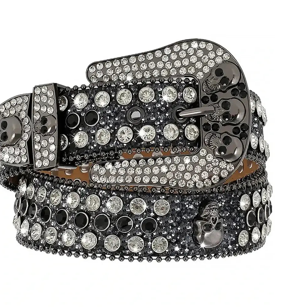 Black Skull Buckle With Black & Crystal Shiny Rhinestone Belt - Rhinestone Belt Store - Flyclothing LLC