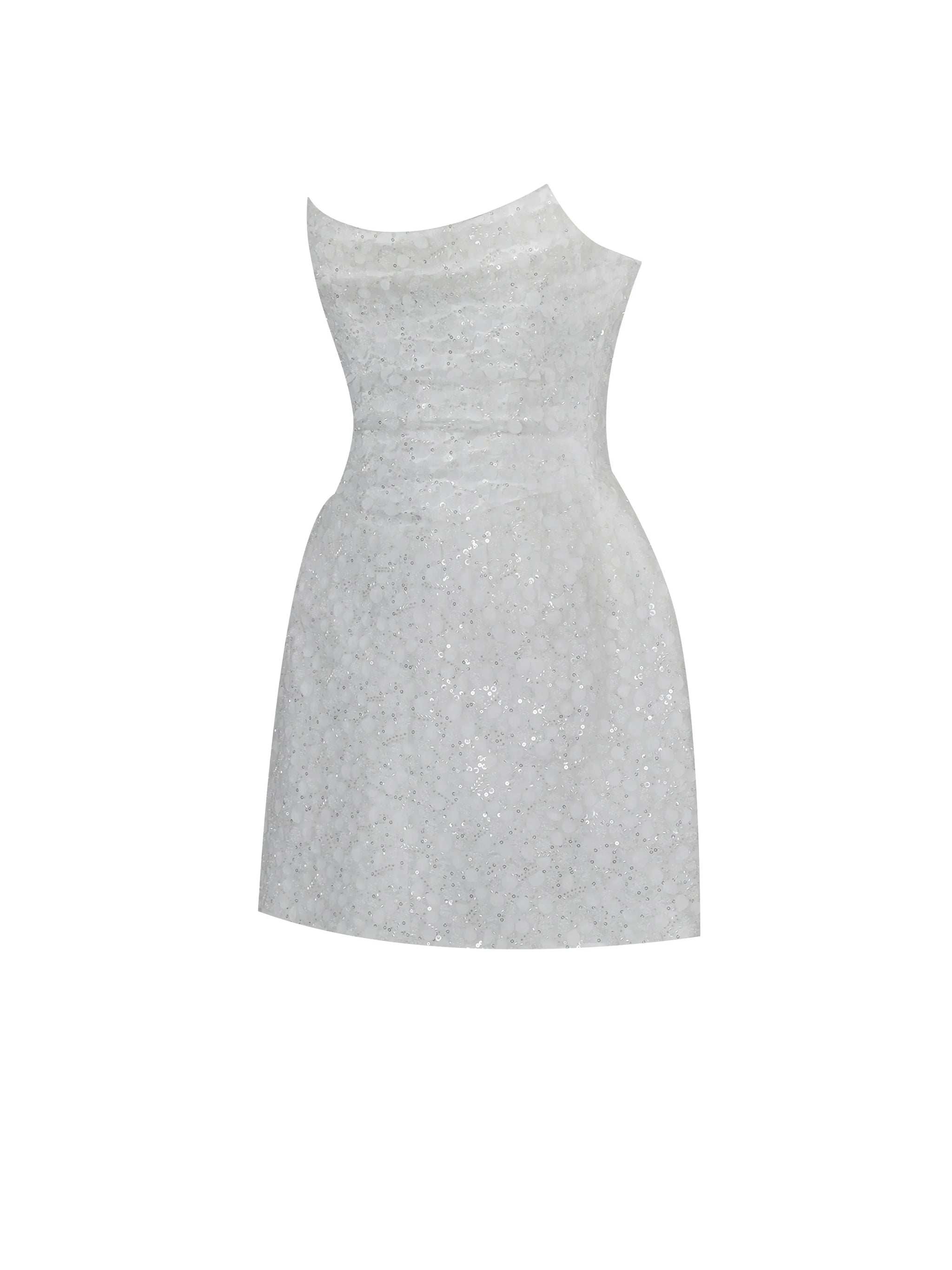 Tressa White Beaded Mesh Strapless Mini Wedding Dress - Miss Circle - Flyclothing LLC