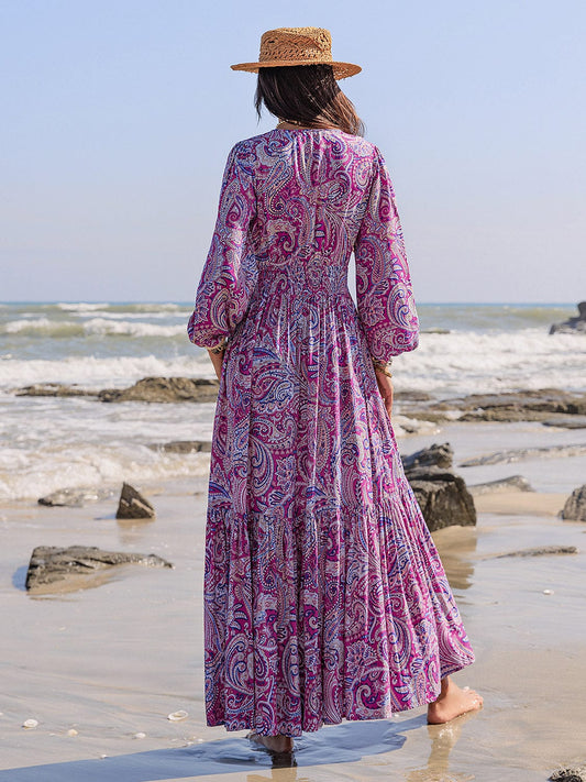 Printed Tie Neck Balloon Sleeve Maxi Dress - Trendsi