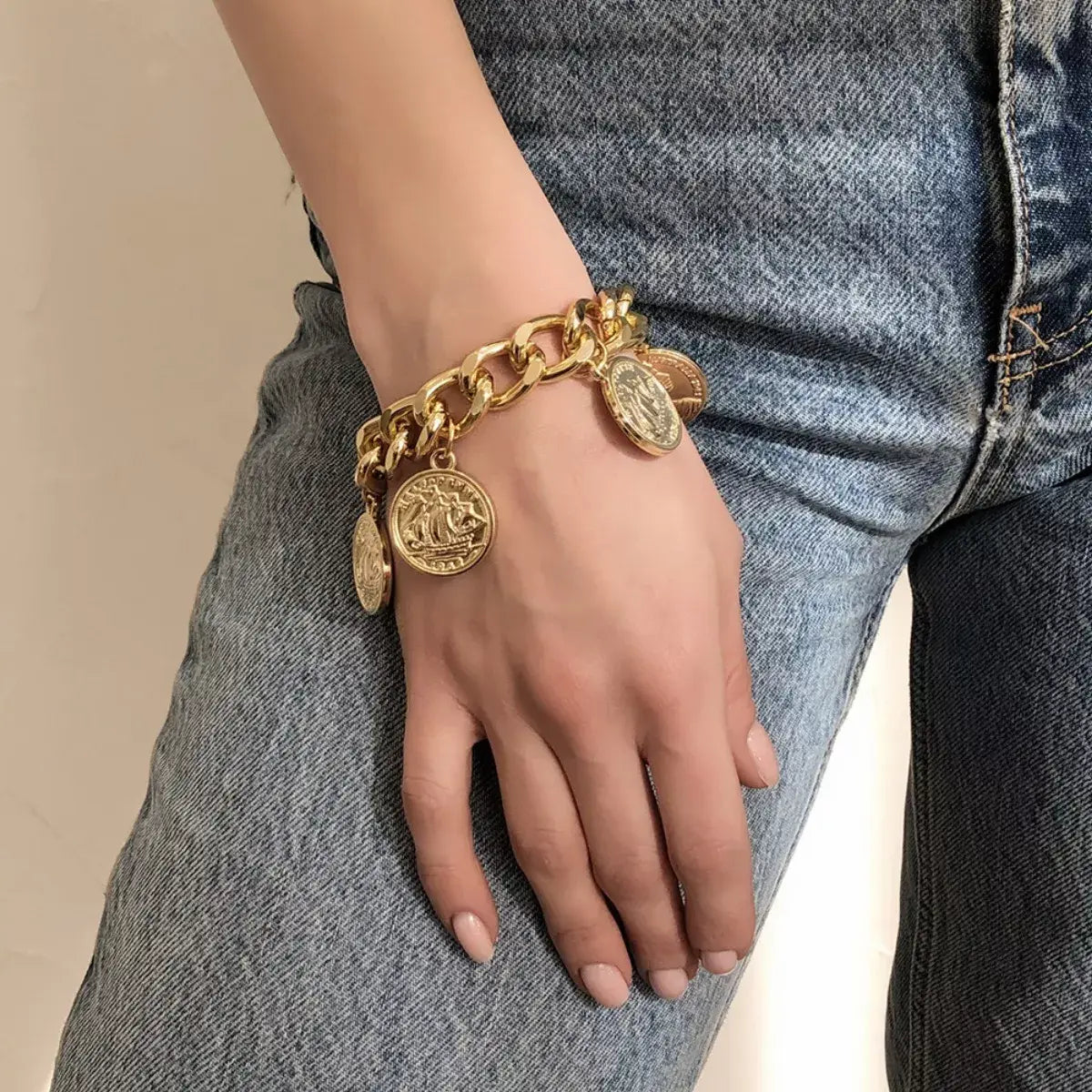18K Gold-Plated Coin Charm Bracelet - Trendsi - Flyclothing LLC