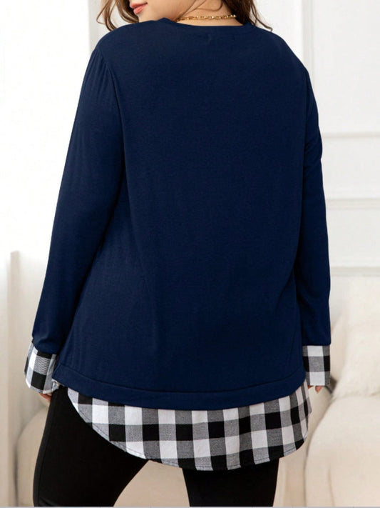 Plus Size Plaid Hem Round Neck Long Sleeve Sweatshirt - Trendsi