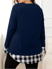 Plus Size Plaid Hem Round Neck Long Sleeve Sweatshirt - Trendsi