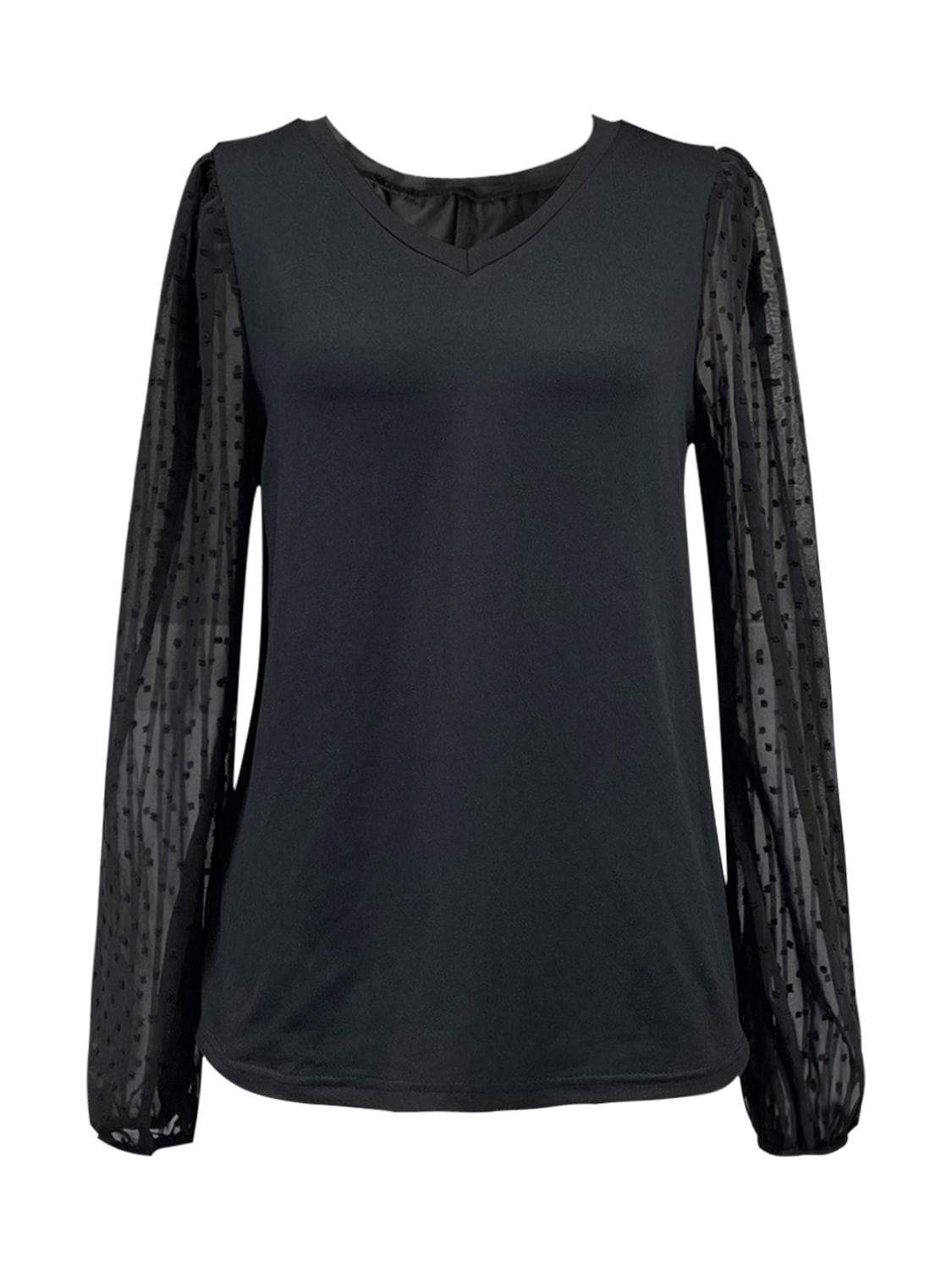 Full Size V-Neck Swiss Dot Long Sleeve Blouse - Trendsi - Flyclothing LLC