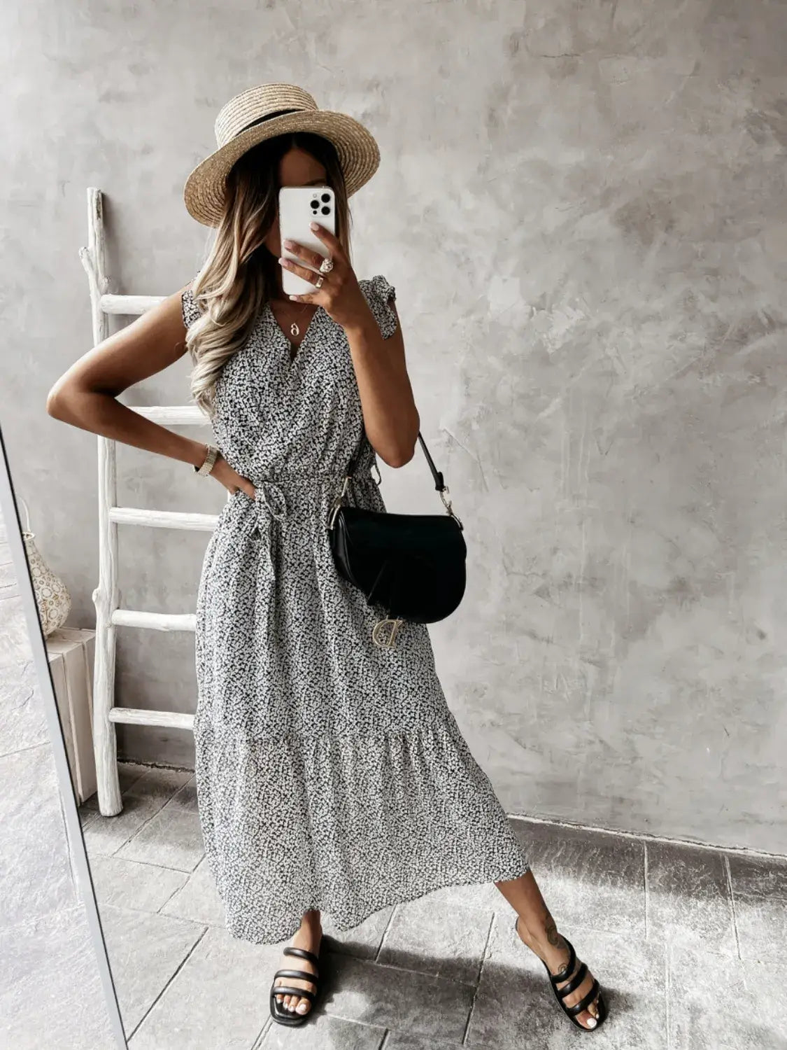 Ruffled Surplice Printed Cap Sleeve Dress - Trendsi - Flyclothing LLC