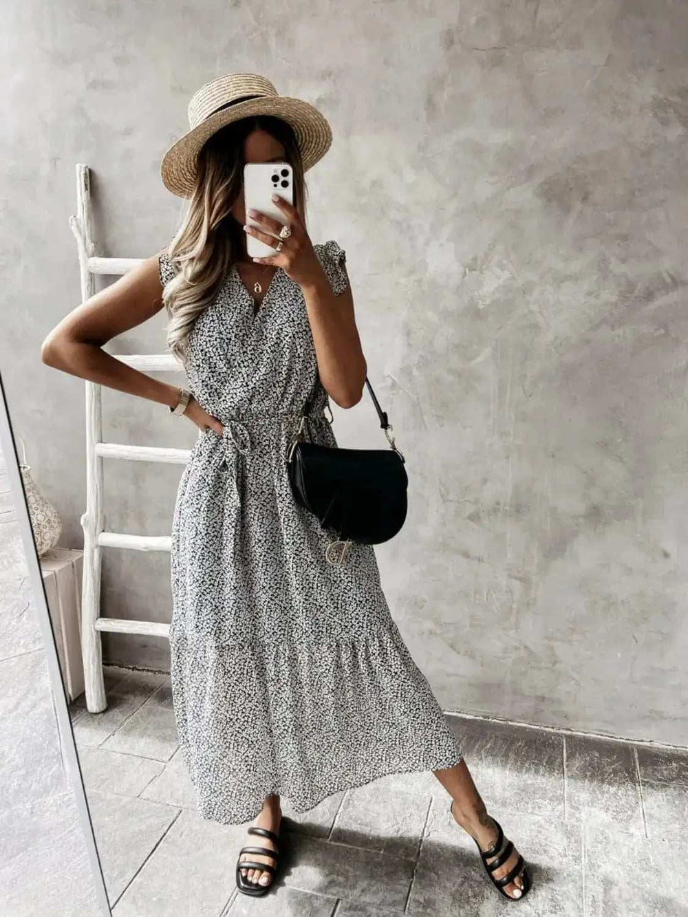 Ruffled Surplice Printed Cap Sleeve Dress - Trendsi - Flyclothing LLC
