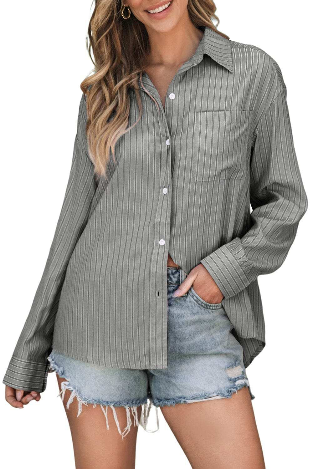 Striped Button Up Long Sleeve Shirt - Trendsi - Flyclothing LLC