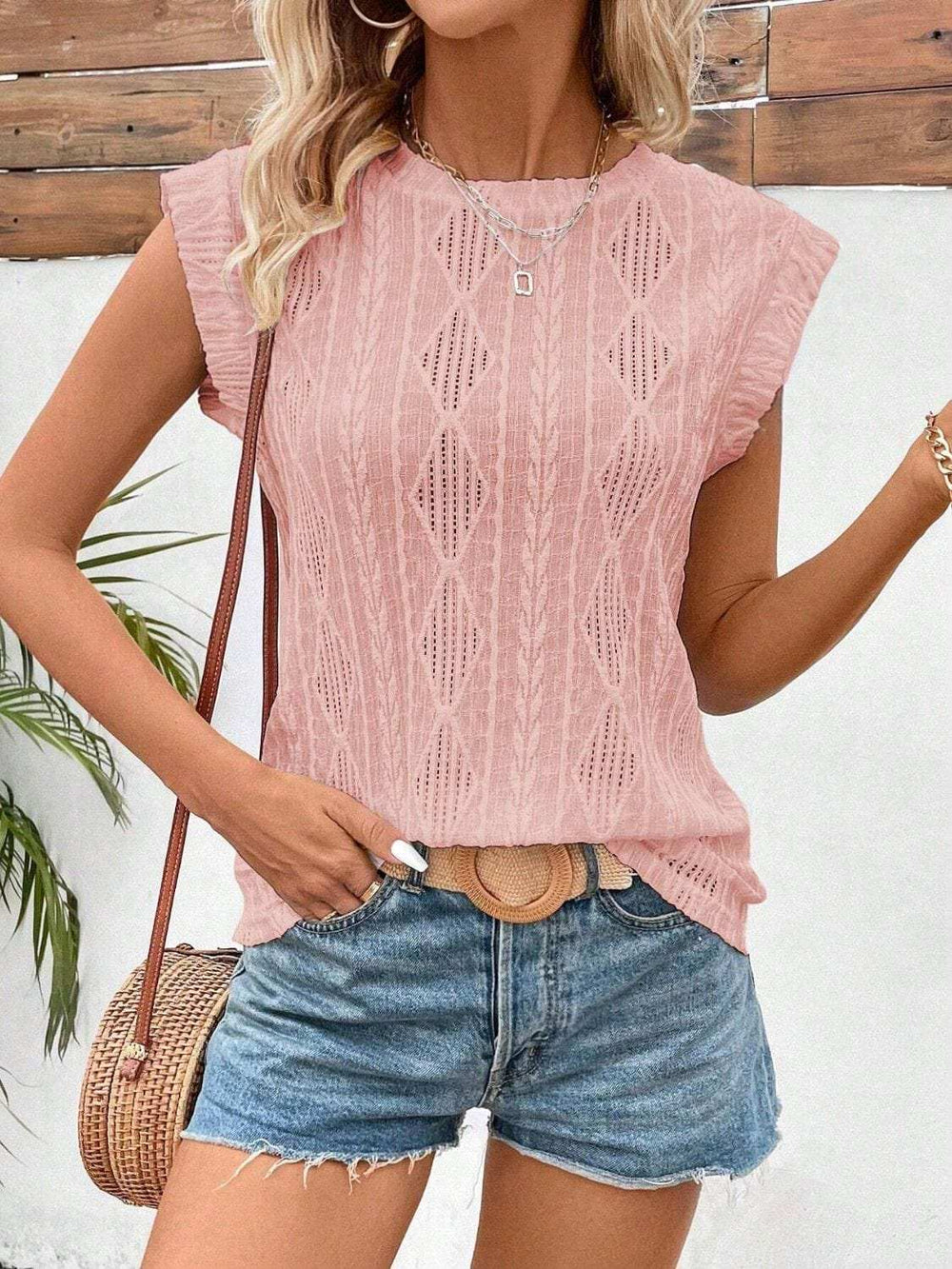 Eyelet Round Neck Cap Sleeve Top - Trendsi - Flyclothing LLC