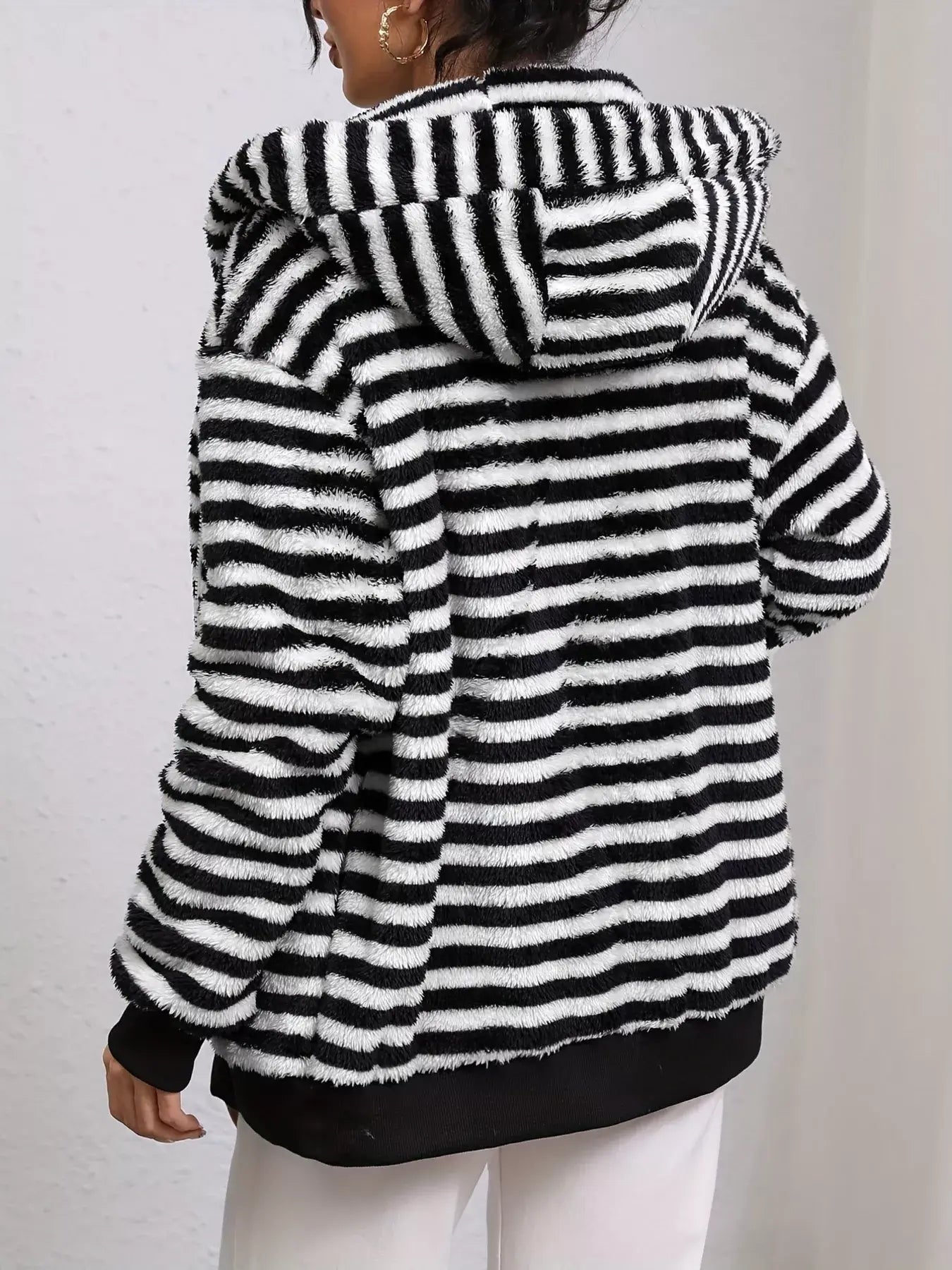 Striped Plush Zip-Up Hooded Outerwear - Trendsi - Flyclothing LLC