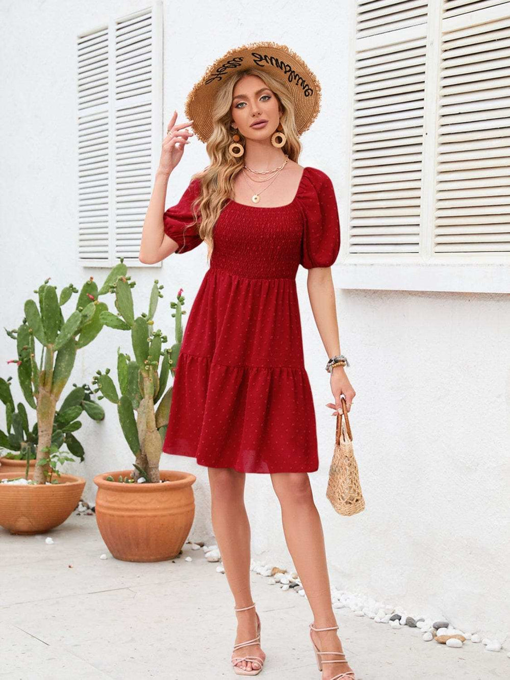 Swiss Dot Smocked Square Neck Dress - Trendsi - Flyclothing LLC