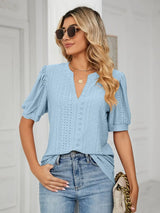 Florira Eyelet Notched Short Sleeve T-Shirt - Trendsi - Flyclothing LLC