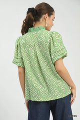 Umgee Printed Puff Sleeve Ruffle Neck Top - Trendsi - Flyclothing LLC