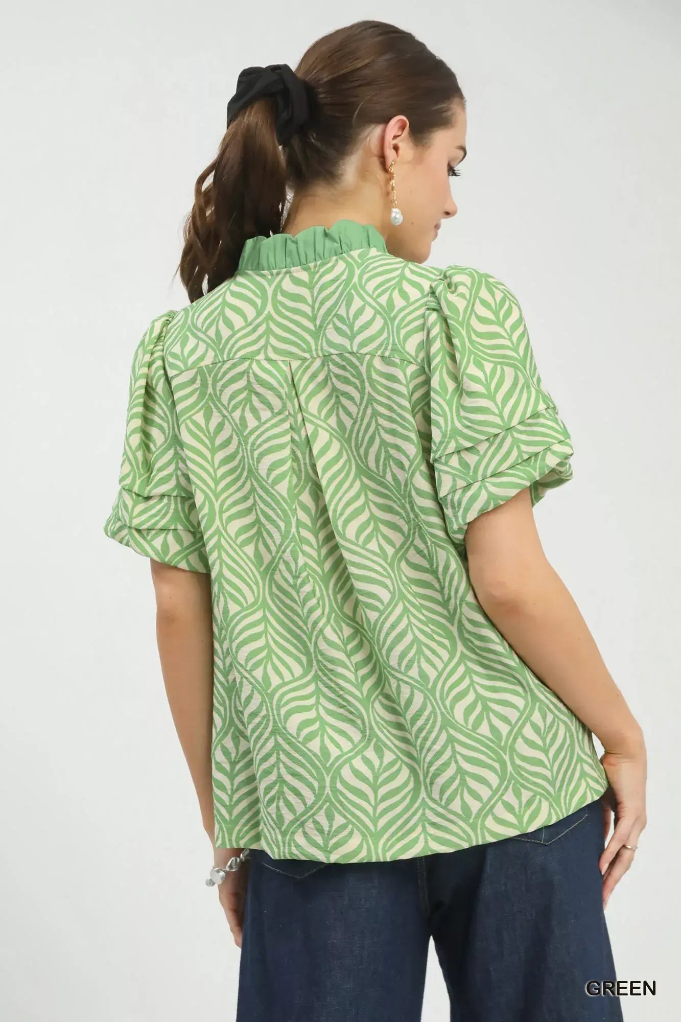 Umgee Printed Puff Sleeve Ruffle Neck Top - Trendsi - Flyclothing LLC
