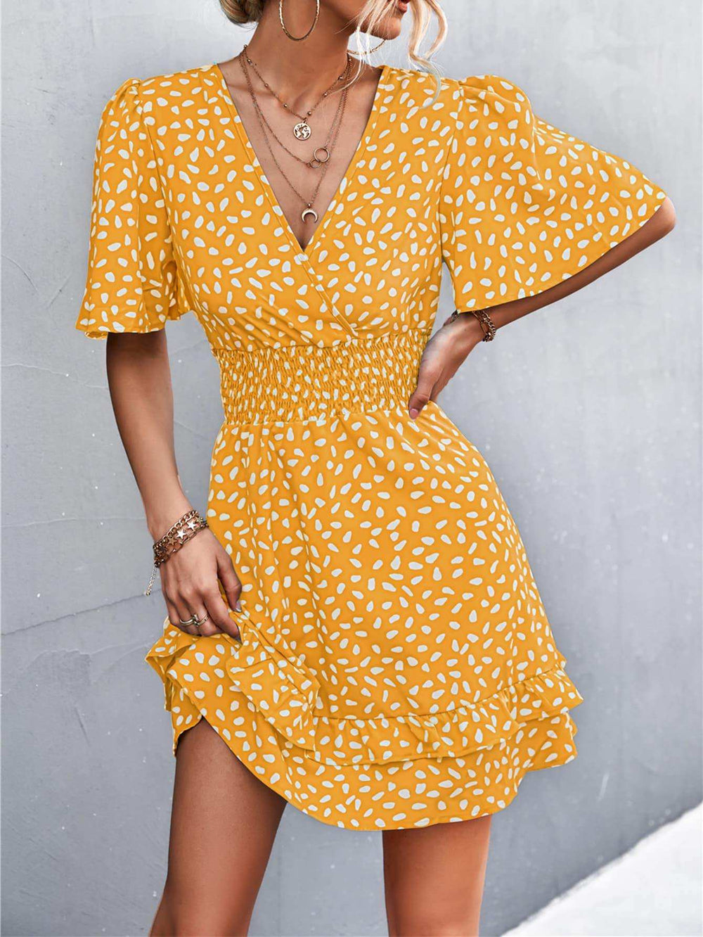 Printed Smocked Waist Layered Surplice Dress - Trendsi - Flyclothing LLC