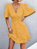 Printed Smocked Waist Layered Surplice Dress - Trendsi - Flyclothing LLC