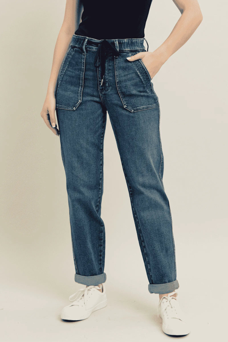 Judy Blue Full Size HW Vintage Wash Jeans w/ Drawstring Plus Size - Trendsi