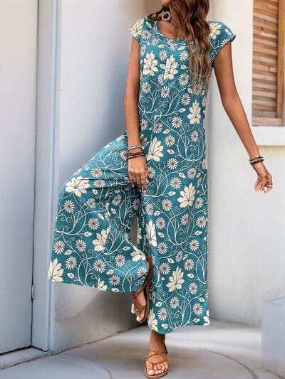 Perfee Printed Round Neck Cap Sleeve Wide Leg Jumpsuit - Trendsi - Flyclothing LLC