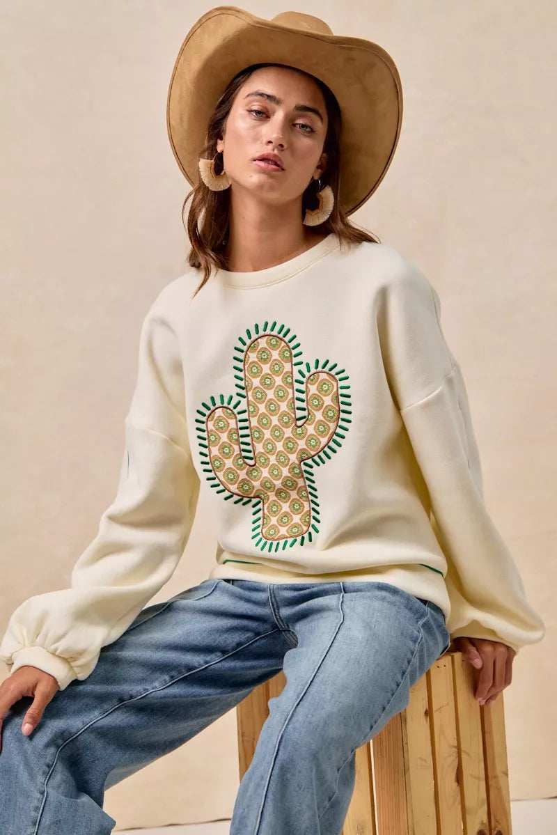 BiBi Cactus Embroidered Fleece Sweatshirt - Trendsi - Flyclothing LLC