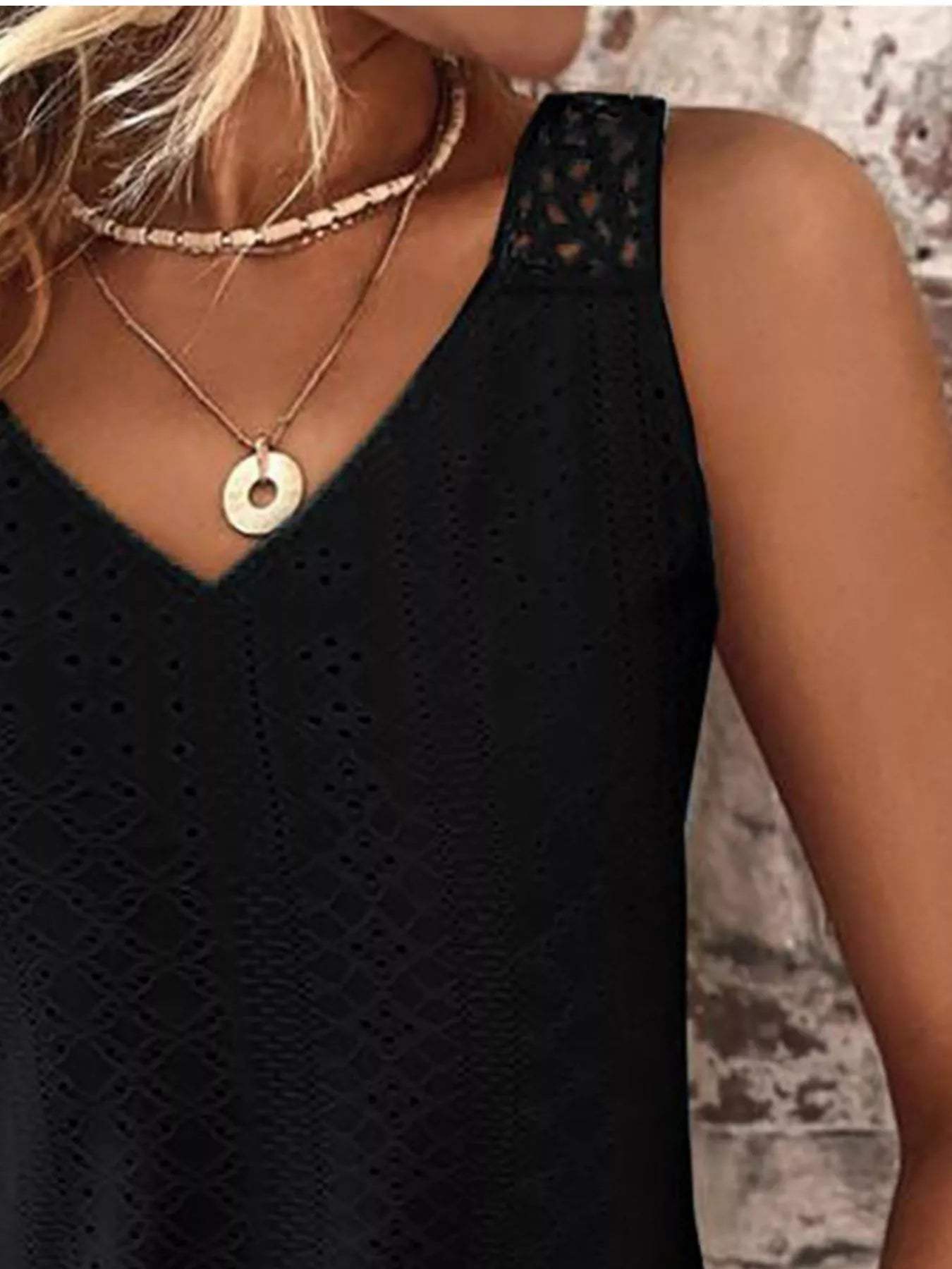 Eyelet Lace Trim V-Neck Tank Top - Trendsi - Flyclothing LLC