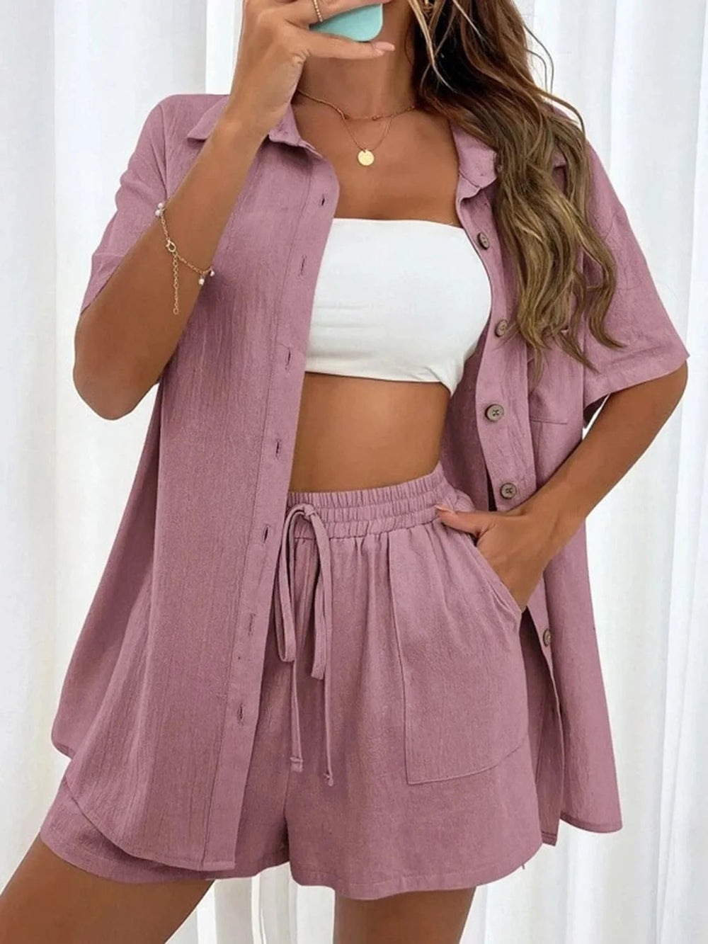 Button Up Shirt and Drawstring Shorts Set - Trendsi