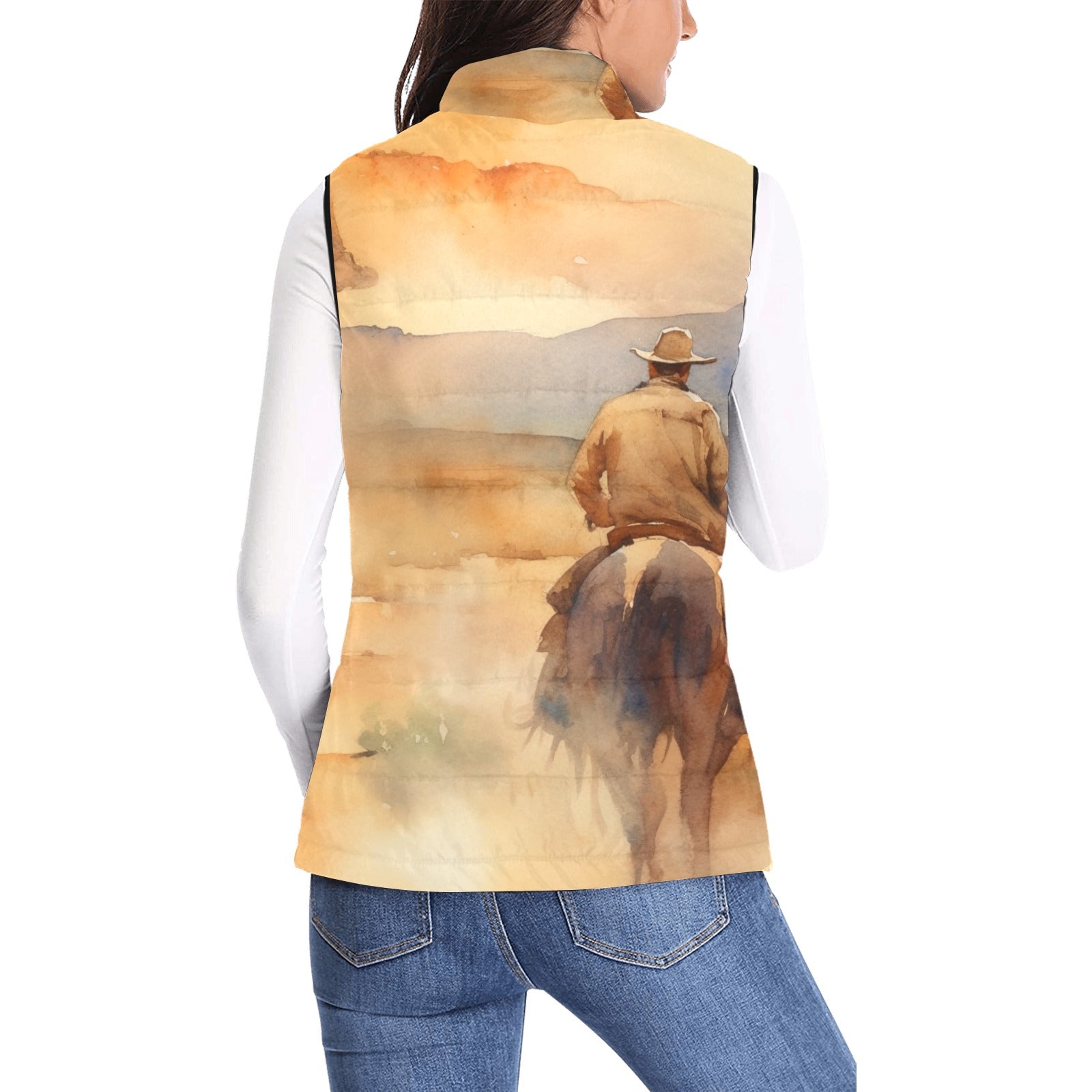 Baha Ranch Watercolor Cowboy Women's Western Puffy Vest