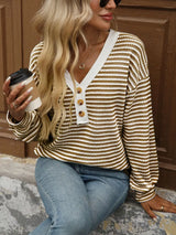 Striped Button Detail Long Sleeve T-Shirt - Trendsi - Flyclothing LLC