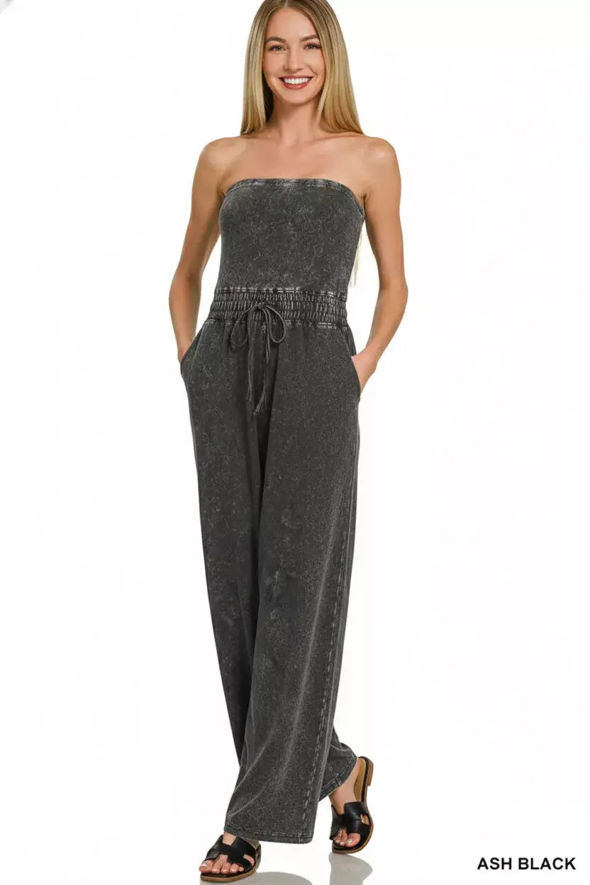 Zenana Acid Washed Strapless Tube Top Jumpsuit - Trendsi - Flyclothing LLC