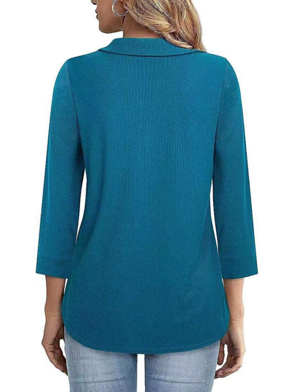 Half Zip Collared Neck Three-Quarter Sleeve T-Shirt - Trendsi - Flyclothing LLC