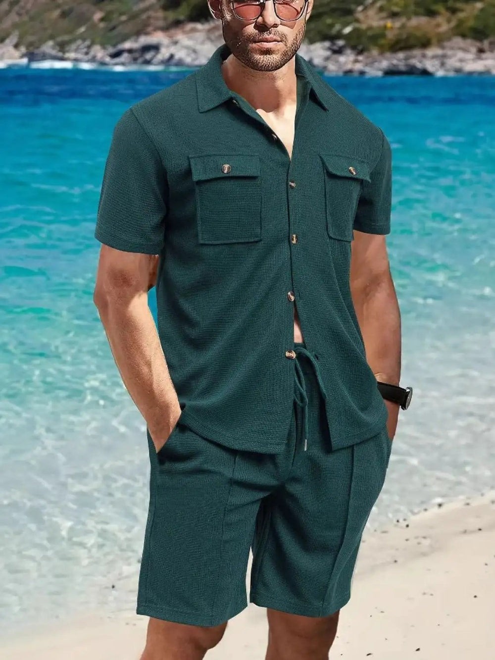 Men's Full Size Button Down Short Sleeve Top and Shorts Set Plus Size - Trendsi