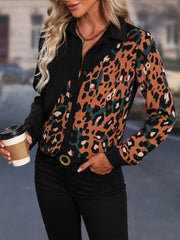 Honey Leopard Long Sleeve Blouse - Trendsi