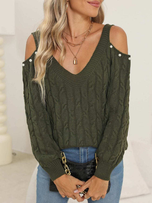 Cable-Knit Cold Shoulder Sweater - Trendsi - Flyclothing LLC