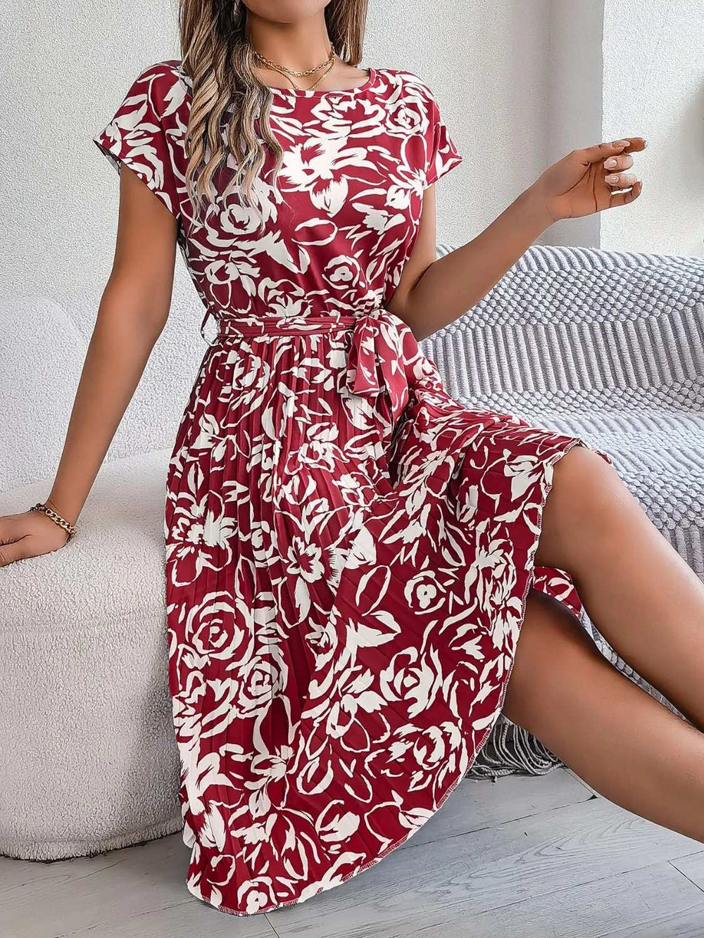 Tied Pleated Printed Short Sleeve Dress - Trendsi - Flyclothing LLC