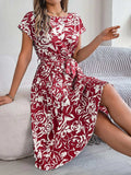 Tied Pleated Printed Short Sleeve Dress - Trendsi - Flyclothing LLC