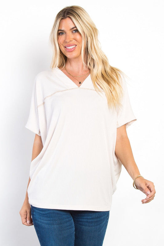 Be Stage Full Size V-Neck Short Sleeve Ribbed Top - Trendsi